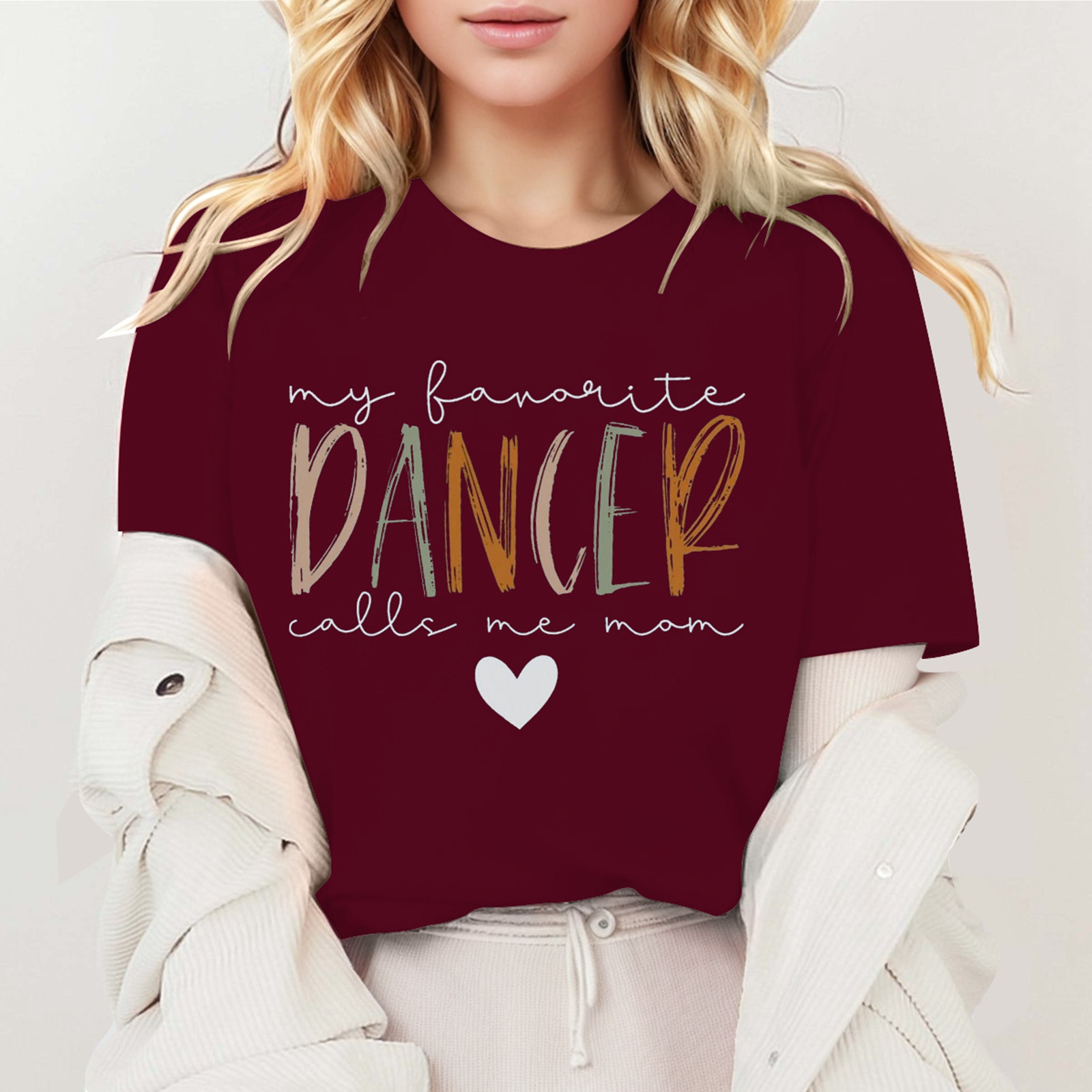 thumbnail image 2 of Camiseta «My Favorite Dancer Call Me Mom» (Mi bailarina favorita, llámame mamá): cuello redondo, estampado a doble cara, versátil para ocasiones informales y fiestas, lavable a máquina, corte favor, 2 of 4